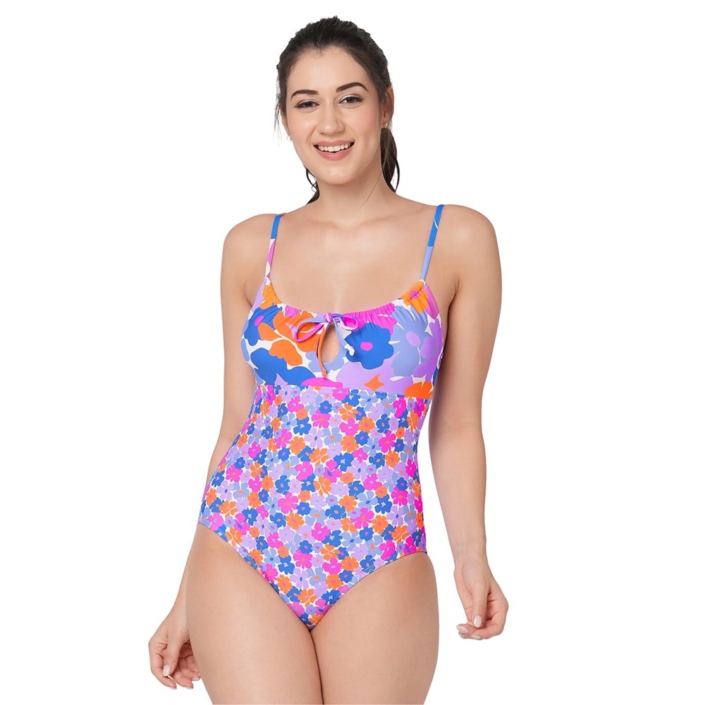 New Roxy Daisy Floral One-Piece Swimsuit in Pink, Purple & Orange Medium